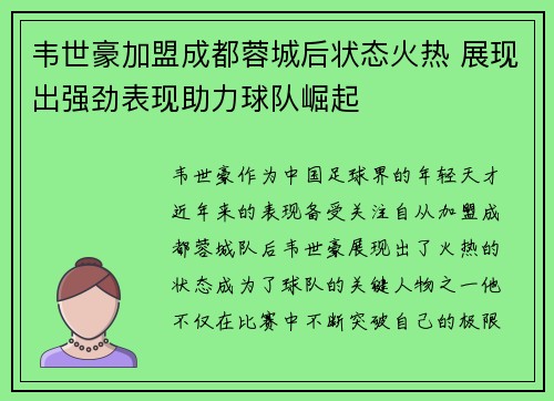 韦世豪加盟成都蓉城后状态火热 展现出强劲表现助力球队崛起
